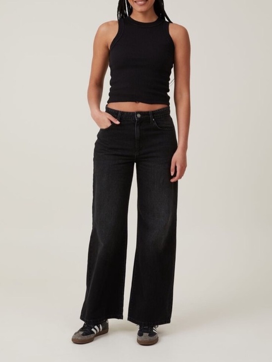 Cotton On Denim - Cotton On Relaxed Wide Leg Jeans Black Wash High Rise Size 2 Y2K  Streetwear
